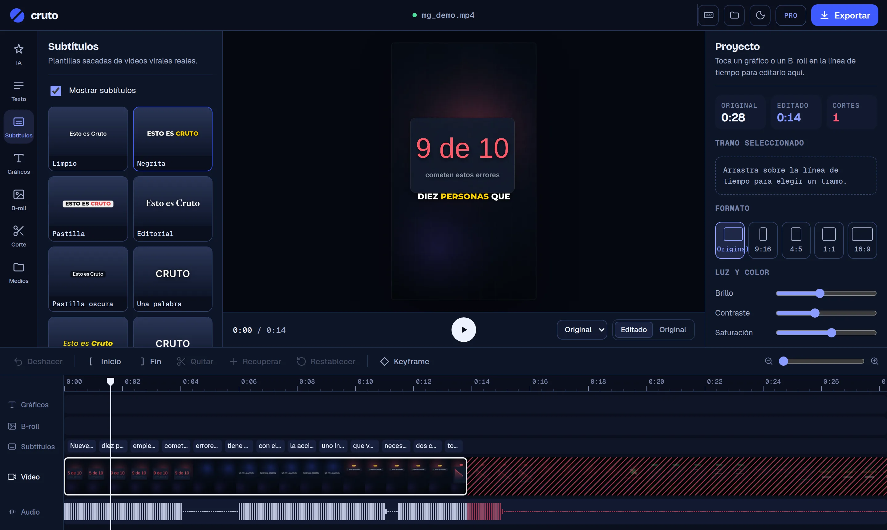 L'editor di Cruto: timeline con i silenzi tolti, sottotitoli da virale e il video in 9:16