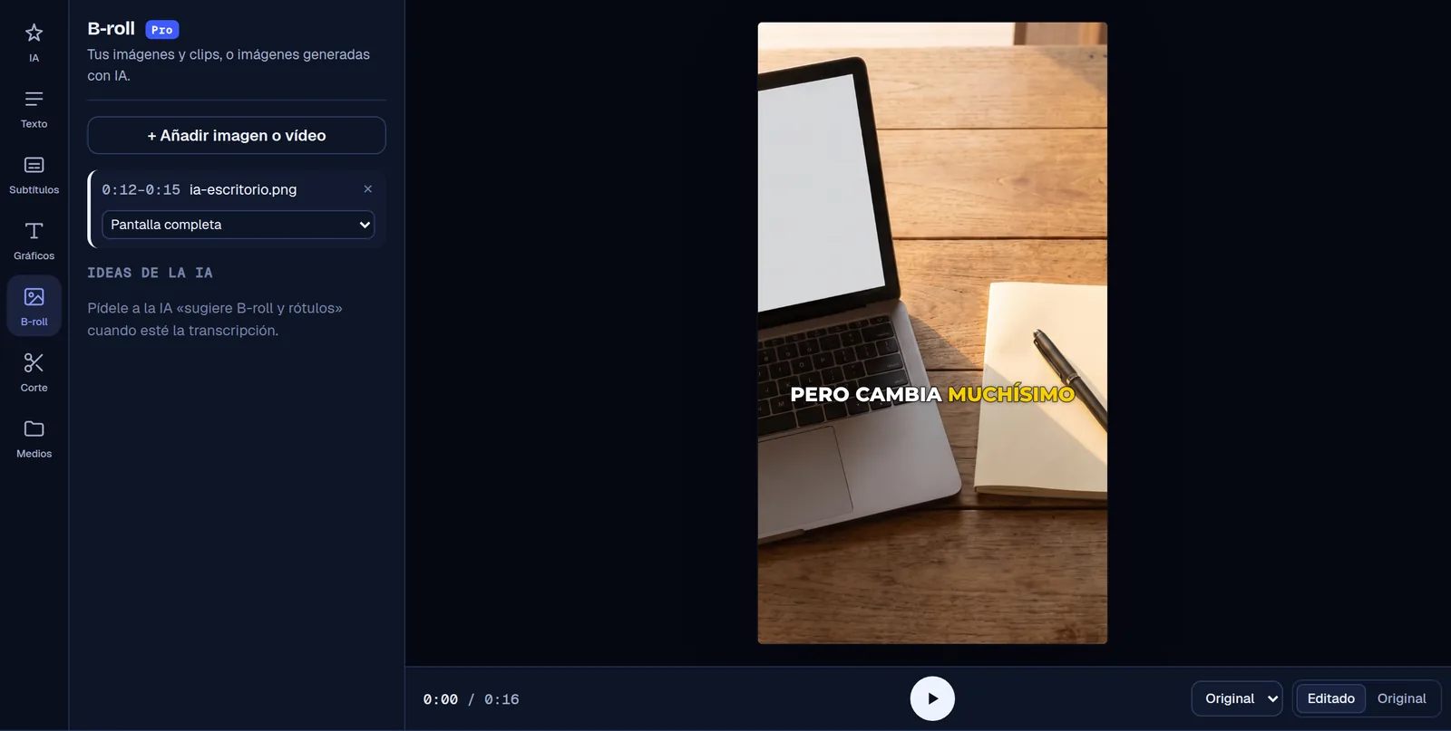 B-roll nell’editor di Cruto: un’immagine a schermo intero sul video, con il suo livello viola nella timeline