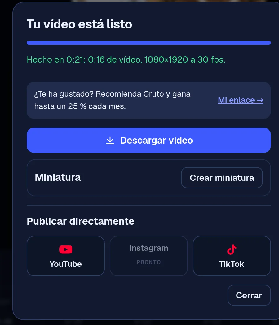 Finestra di Cruto a fine esportazione: scaricare il video, creare la miniatura e pubblicare su YouTube o TikTok