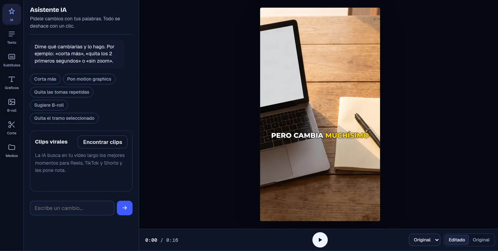 Assistente IA dell’editor di Cruto: richieste rapide come «Taglia di più» o «Togli le riprese ripetute» e la ricerca di clip virali