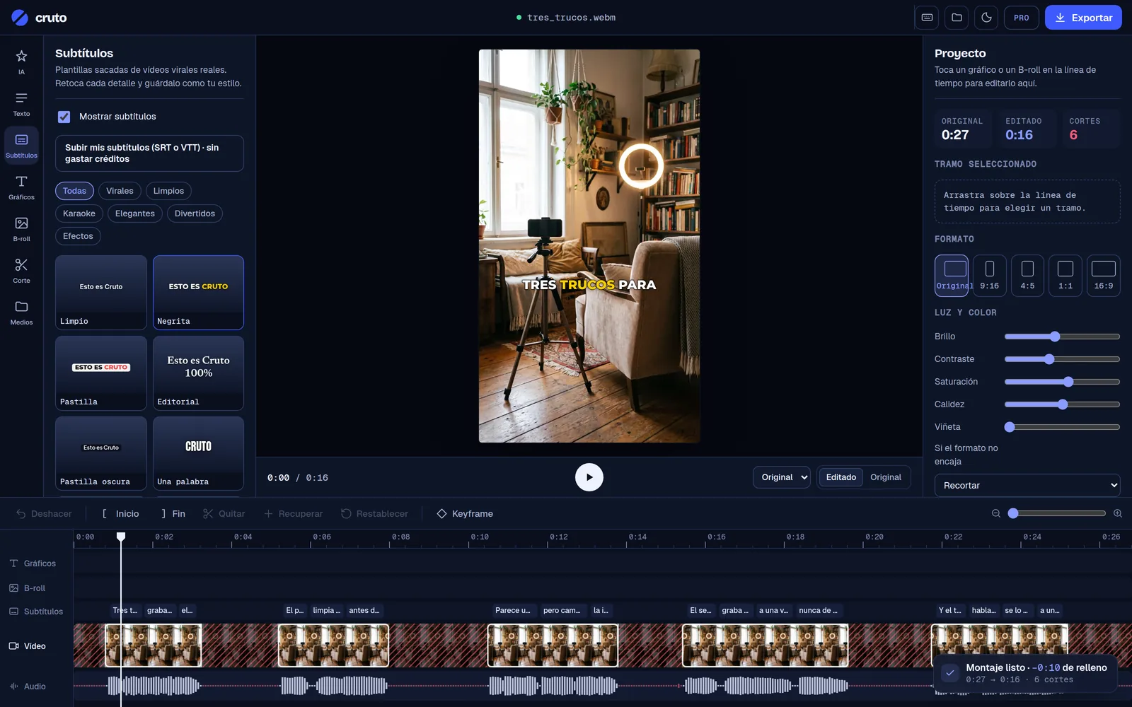 L’editor di Cruto con un video verticale già montato: pannello sottotitoli, anteprima con sottotitoli da virale e timeline senza silenzi